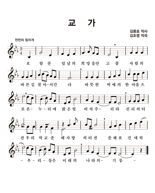 교가, 김용호 작사, 김조영 작곡, 천천히 힘차게, 4분의 3박자, 보람찬 앞날의 희망을 안고 참 사람의 바른길 찾아서 간다. 따뜻한 박애의 한마음으로 온누리에 밝은빛 비쳐주리라 진리의 터전 우리 학교 춘해 사랑의 터전 춘해보건대학 우리들은 미래의 나라의 기둥